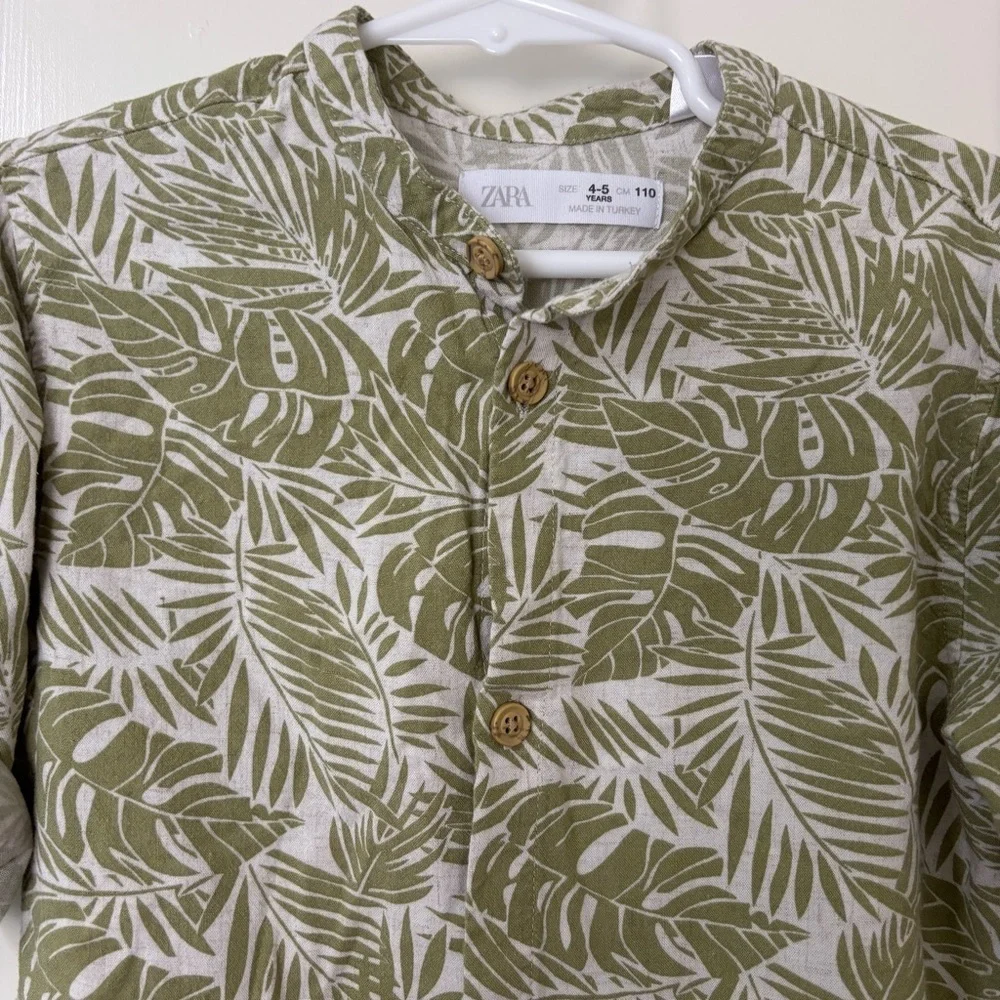 Zara kids linen blend tropical Green Leaf Print long Sleeve button down shirt
